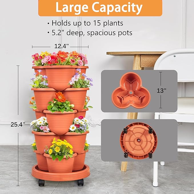 VECELO 5 Tier Vertical Garden Planter, Self Watering Stackable Planters with Wheels for Strawberries, Herbs, Flowers, Vegetables, Red