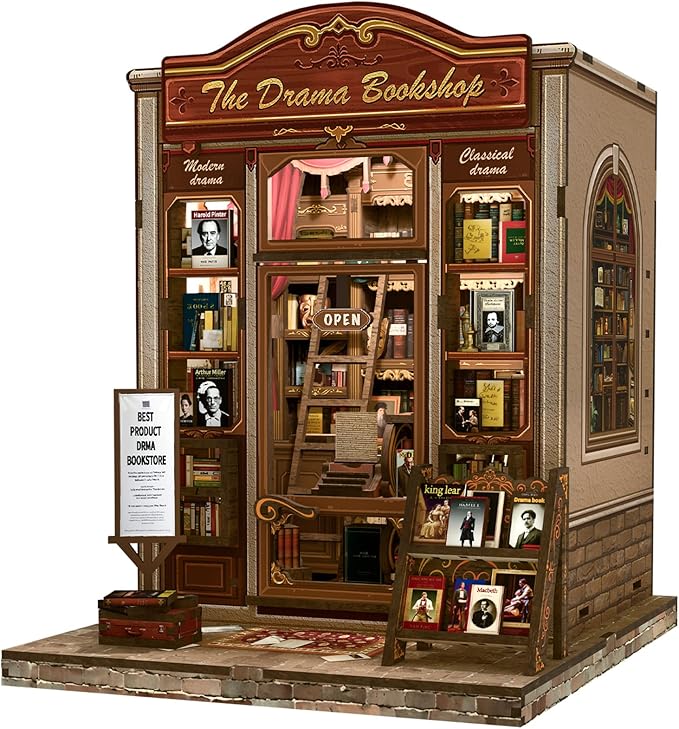 Fsolis Book Nook Kit, DIY Miniature Scene Kit for Adults and Beginners 3D Wood Puzzles Tiny House Room Kit Mini Craft Bookshelf Decor Gifts for Women Teenagers Book Lovers (The Drama Bookshop)