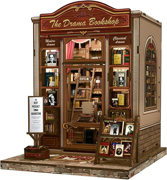 Fsolis Book Nook Kit, DIY Miniature Scene Kit for Adults and Beginners 3D Wood Puzzles Tiny House Room Kit Mini Craft Bookshelf Decor Gifts for Women Teenagers Book Lovers (The Drama Bookshop)