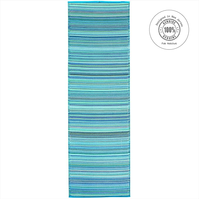 Fab Habitat Outdoor Rug - Waterproof, Fade Resistant, Crease-Free - Premium Recycled Plastic - Striped - Porch, Deck, Balcony, Hallway, Poolside - Cancun - Turquoise & Moss Green - 2.5 x 8 ft Runner