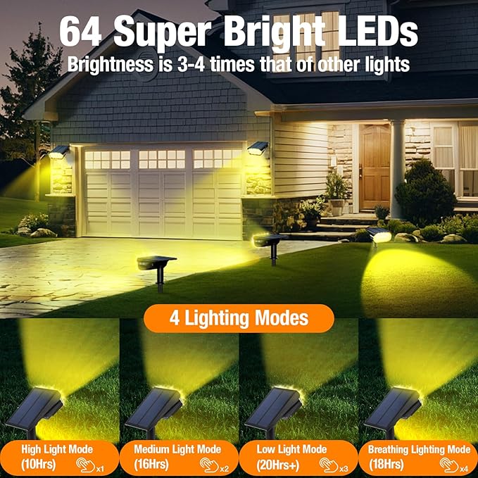 4 Pack Solar Spot Lights Outdoor 1000 Lumens, 64 LEDs IP67 Waterproof Landscape Lighting with 4 Modes - 2-in-1 Solar Spotlight & Pathway Light for Garden, Yard, Patio Decor, Warm White