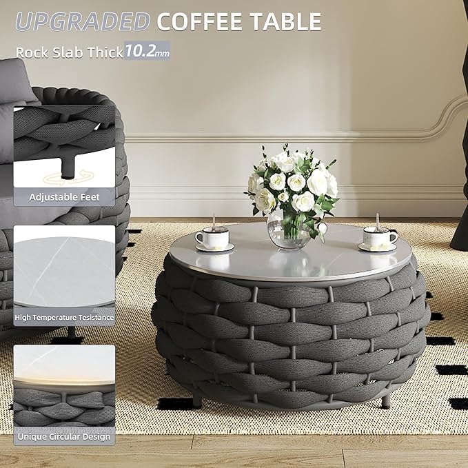 TWT Aluminum Outdoor Patio Furniture Set, 4 Pcs Textilene Armchairs Modern Outdoor Conversation Set Outdoor Single Sofa with Upgrade Cushion and Coffee Table for Balcony, Dark Grey