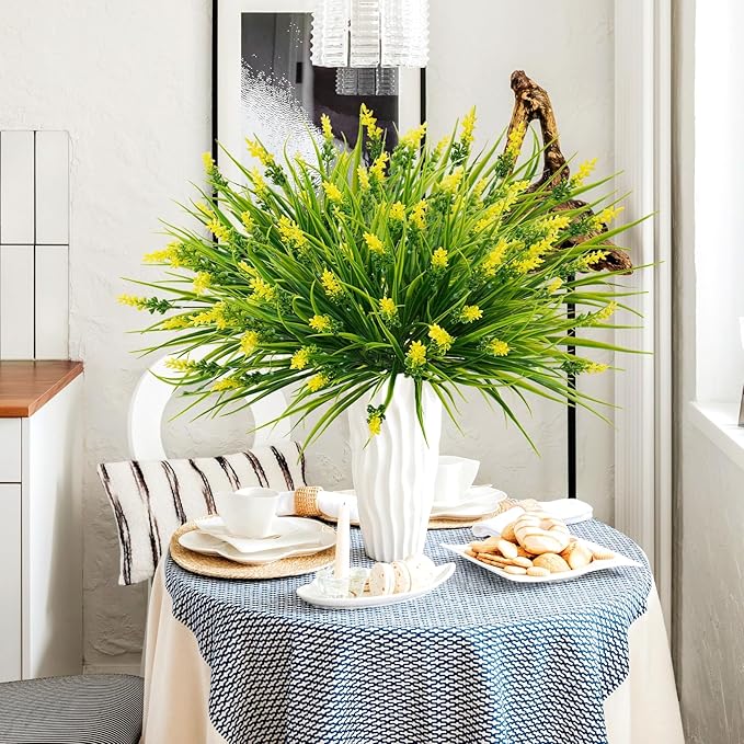 36 Bundles Artificial Plants Outdoor, 18.2" UV Resistant Faux Monkey Grass Greenery Stems No Fade Faux Plastic Flowers Shrubs for Home Weddings Garden Porch Front Patio Office Decor - Yellow