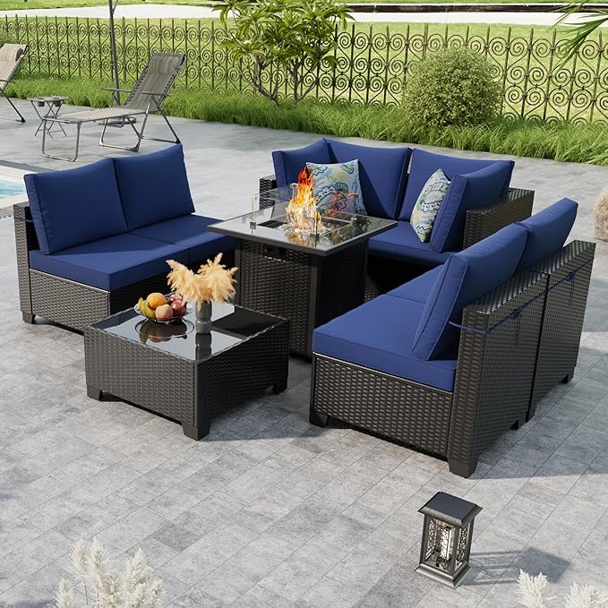 Patio Furniture Set with Fire Pit Table 28", 8-Piece Outdoor Furniture Set with Thick Cushions, Wicker Sectional Sofa for Porch Garden Backyard, Coffee/Blue