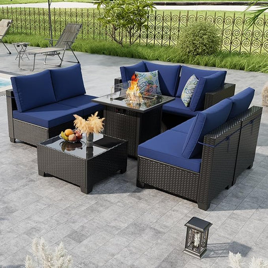 Patio Furniture Set with Fire Pit Table 28", 8-Piece Outdoor Furniture Set with Thick Cushions, Wicker Sectional Sofa for Porch Garden Backyard, Coffee/Blue