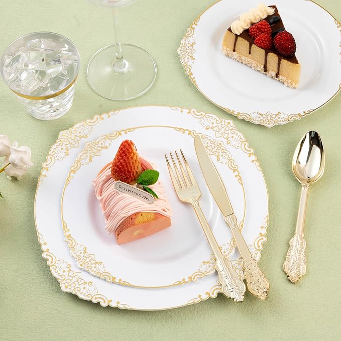 150PCS Gold Plastic Silverware for 50 Guests, Heavy Duty Gold Disposable Utensils Sets, Includes 50 Forks, 50 Spoons, 50 Knives, Elegant Cutlery Perfect for Wedding, Party