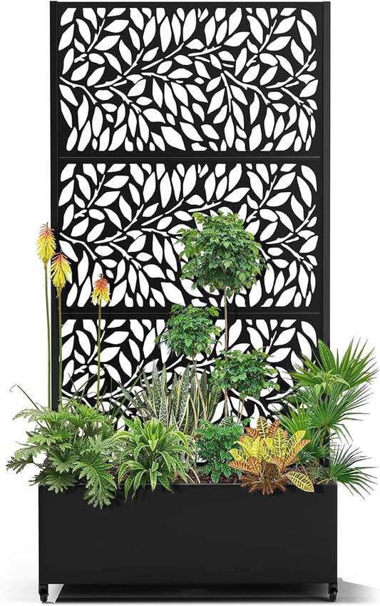 15.7"×70.9"×35.4" Metal Raised Garden Bed with Trellis and Wheels - Tall Trellis Planter Box for Climbing Plants, Vegetables & Vines - Outdoor Privacy Planters for Patio (Black)