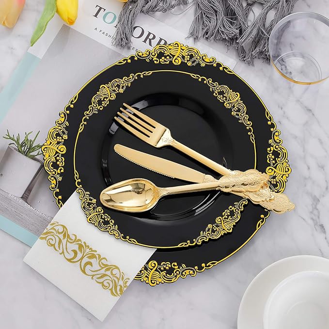 Hioasis 175pcs Black and Gold Plastic Plates - Elegant Disposable Dinnerware Set Suitable for 25 Guests Include 10.25" Dinner & 7.5" Dessert Plates, Cutlery, Napkins, Cups for Party & Halloween