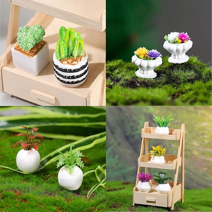 31 PCS Miniature Potted Plants, Vivid Mini Artificial Bonsai Plants, 1:12 Resin Tiny Dollhouse Flowerpot Decor, Realistic Fake Greenery Ornament, Cute Succulent Planter Models for DIY Crafts