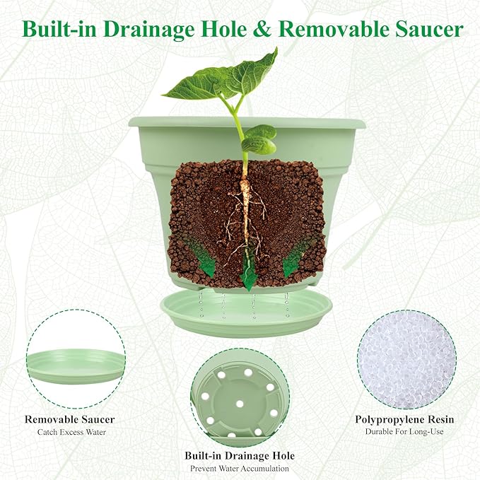 8 Inch Plastic-Flower Pot-for-Indoor Plants, 4 Pack Large Outdoor Planter Pot with Drainage Holes & Saucers, Resin Decorative Garden Pots Planters