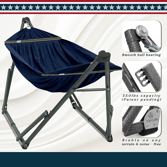 Tranquillo Uniki Hammock with Stand, 550 lbs Capacity – 30-Second Setup, Sturdy Steel Stand, 3-Year Warranty, Tool-Free Assembly, Premium Carry Bag Included, Outdoor & Indoor Hammock, Navy