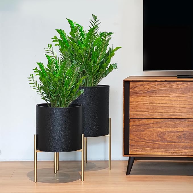 ARNIS Modern Planter Pots, Large Planters with Stand, Set of 2 Metal Planters for Plants with Drainage Holes for Living Room, Office, Garden or Balcony, 10.5 &12.25 Inch, Black