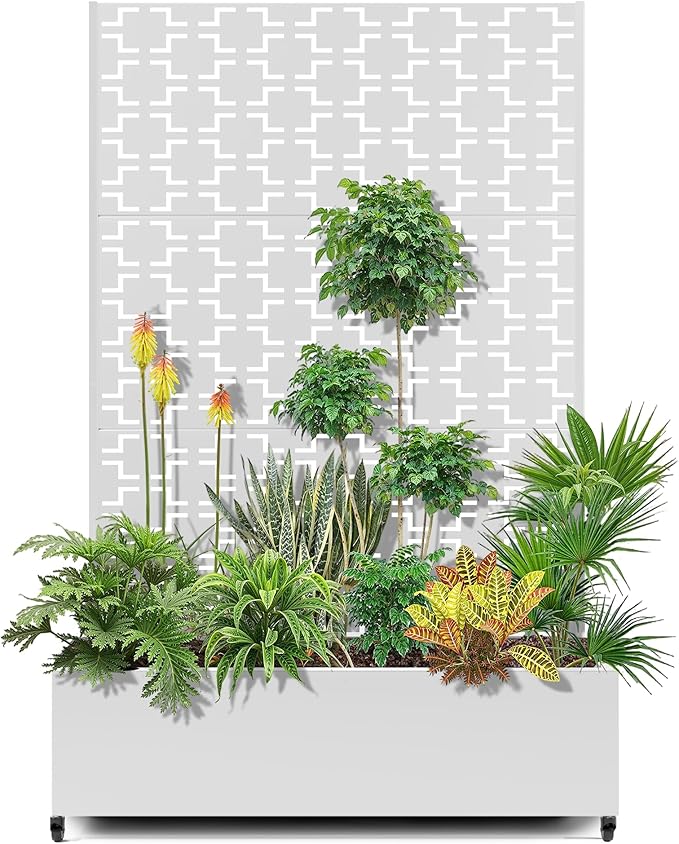 15.7"×70.9"×47.2" Metal Raised Garden Bed with Trellis and Wheels - Tall Trellis Planter Box for Climbing Plants, Vegetables & Vines - Outdoor Privacy Planters for Patio (White-Square)