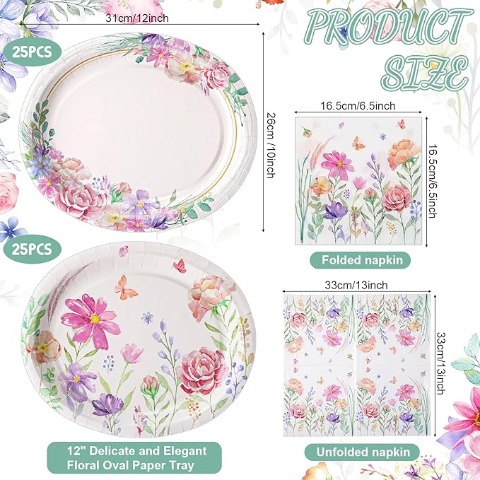 Havawish 100 Pcs Floral Paper Plates and Napkins Baby in Bloom Baby Shower Decorations Wildflower Party Supplies 12 Inch Disposable Plate 13 Inch Napkins Garden Dinner Tableware for Wedding Bridal