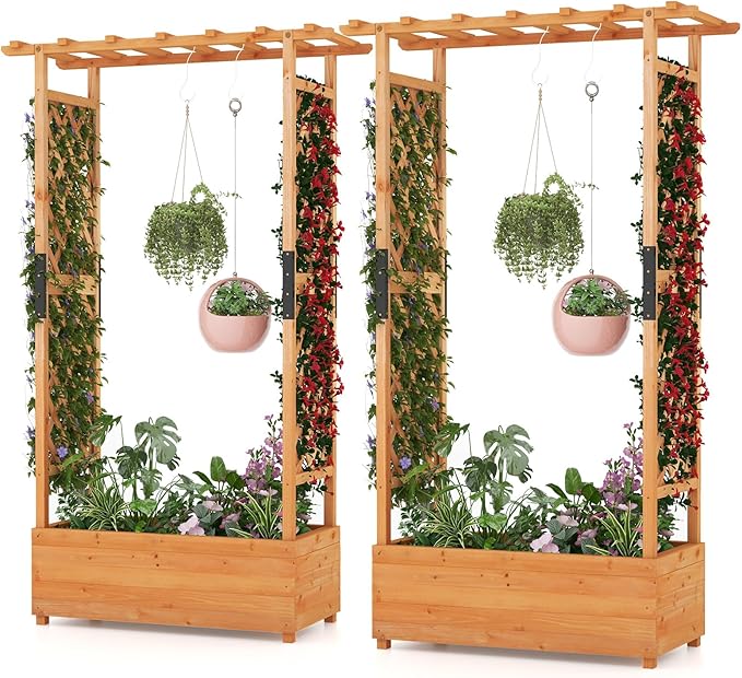 S AFSTAR 72 Inch Raised Garden Bed with Arch Trellis, Hanging Roof & Drainage Holes, 2 Pieces Vertical Plant Container for Vine Climbing Plant Flower, Outdoor Wood Elevated Planter Box for Garden