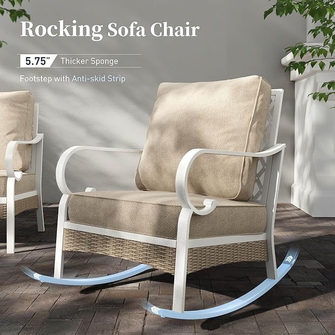 6 PCS Metal Outdoor Patio Furniture Set, Patio Conversations Sets 3-Seater Sofa, 2-Seater Sofa, 2 Rocking Chair with 5.75" Thick Cushion & Coffee Table White Backyard Furniture, Beige