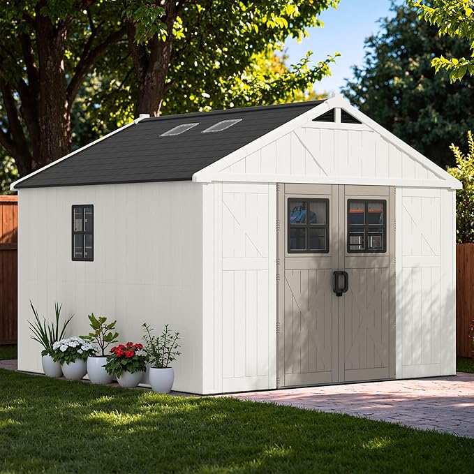 Greesum 10x10 FT Plastic Outdoor Storage Shed with Floor, Resin Sheds with Windows and Skylights, Weather Resistant Organization with Lockable Door, for Garden, Lawn, Pool Supplies, Beige