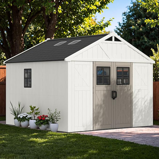 Greesum 10x10 FT Plastic Outdoor Storage Shed with Floor, Resin Sheds with Windows and Skylights, Weather Resistant Organization with Lockable Door, for Garden, Lawn, Pool Supplies, Beige