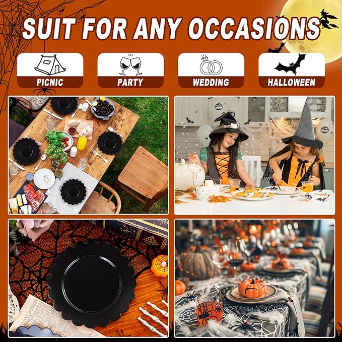 SUT 72 PCS Black Plastic Plates - 7.5 Inch Elegant Disposable Party Tableware for Halloween, New Year, Dessert & Celebrations