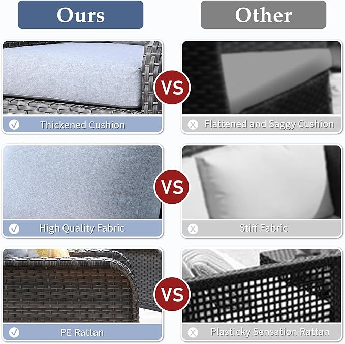 6-Piece Wicker Patio Furniture Set, All-Weather Rattan Conversation Bistro Loveseat Chair and Table Set for Backyard, Balcony and Deck with Soft Cushions and Metal Table(Grey)