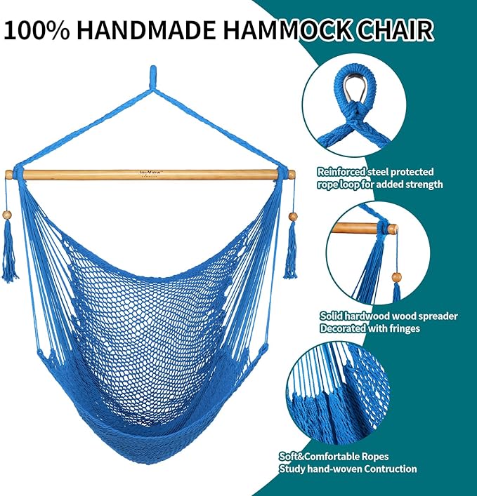 JoyView Hammock Chair with Spreader Bar Caribbean Hammock Swing Chair 300 LBS Weight Capacity XL Rope Hanging Chair for Outdoor Indoor Garden Yard - Light Blue