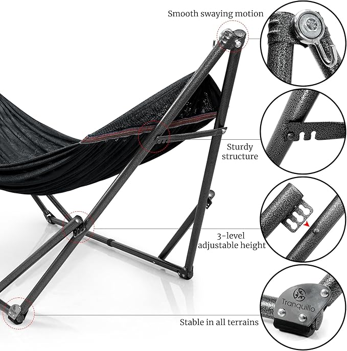 Tranquillo Universal Hammock Stand 600 lbs Capacity, Instant 20s Foldable, 3-Year Warranty Hammock with Stand, 2 Person Camping Revolutionary Portable No Screws, Premium Hammocks, Black