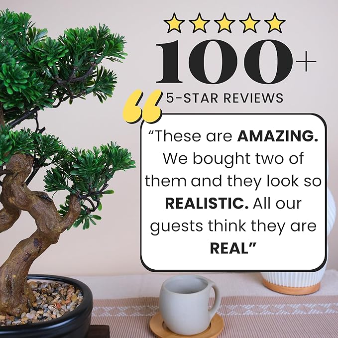 Artificial Bonsai Tree 16" Tall with Realistic Wood and Ceramic Pot Fake Plants Juniper Pine Zen Faux Plants for Home Bedroom Office Bathroom Japanese Decor