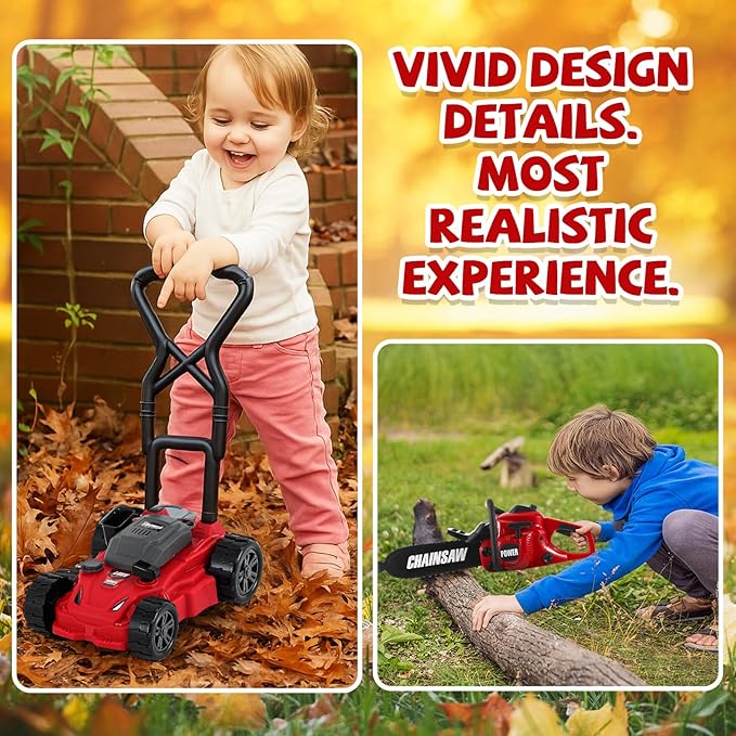 2 Pcs Toy Gardening Tool Set for Kids Toy Chainsaw, Push Lawn Mower Battery Powered Gardening Tool Set with Lights and Sounds Gift for Boys Girls
