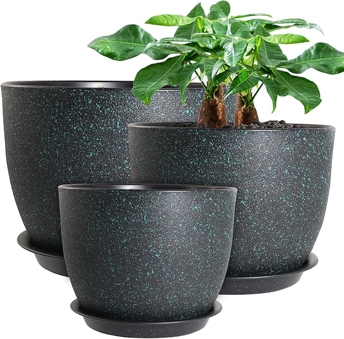 12/10/9 Large Modern Plant Pots, Plastic Planters with Drainage Holes and Saucers for Indoor Outdoor Plants Flowers, Black with Green Speckles