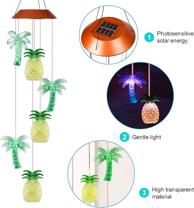 Solar Coconut Tree Pineapple LED Wind Chimes Outdoor - Waterproof Solar Powered Changing Light Color Trees Pineapples Mobile Romantic Wind-Bell for Home, Party, Festival Decor, Night Garden Decoration