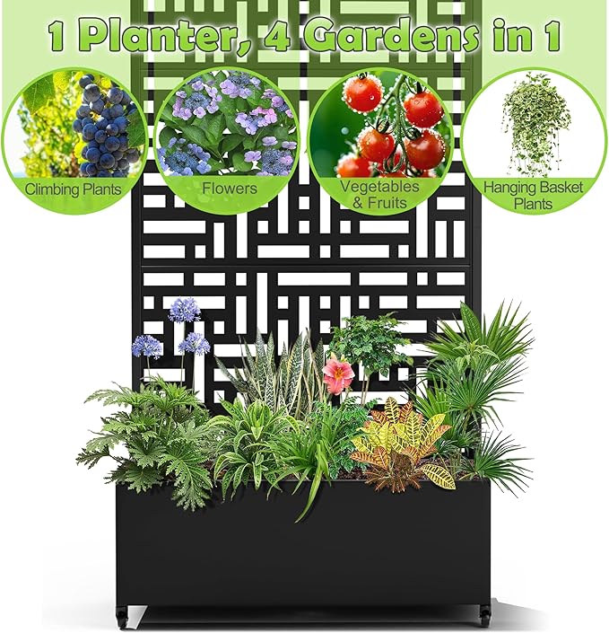 15.7"×70.9"×35.4" Metal Raised Garden Bed with Trellis and Wheels - Tall Trellis Planter Box for Climbing Plants, Vegetables & Vines - Outdoor Privacy Planters for Patio (Black-Helen)