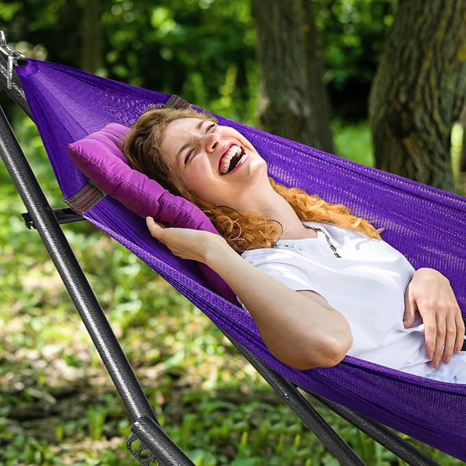 Tranquillo Universal Double Hammock with Stand Included for 2 Persons/Foldable Hammock Stand 600 lbs Capacity Portable Case - Inhouse, Outdoor, Camping, Purple