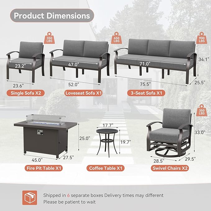 Kurapika Aluminum Patio Furniture Set 9-Seat Modern Metal Outdoor Conversation Sets w/45in Propane Fire Pit Table, Swivel Rocking Chairs Patio Sectional Sofa w/5.1 Inch Cushion, Grey