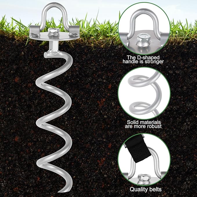 MIXXIDEA Gound Anchors Screw in, Metal Spiral Earth Anchors Kit, Heavy Duty Folding Ring Spiral Stake with Straps, Ground Stakes for Tent (Silver, 11.4 Inch with 92in Strap)