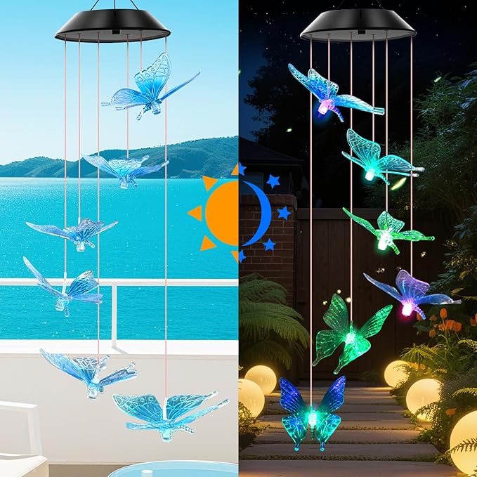 Blue Butterfly Solar Wind Chimes Color Changing Lights Outdoor, Best Gifts for Mom Grandma Women Wife Aunt Daughter Sister, Unique Mobile Wind Chime, Gardening Yard Decorations