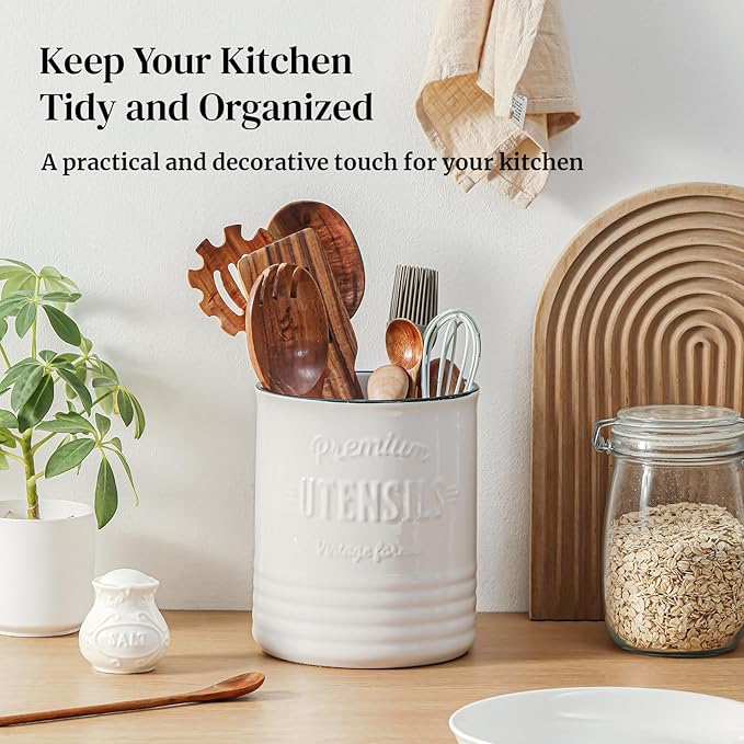 DOWAN 3 Compartment Kitchen Utensil Holder, 7.2″ Extra-Large Ceramic Stable Utensil Caddy, Rustic Cooking Utensil Crock for Farmhouse Kitchen Décor, Utensil Holder for Countertop