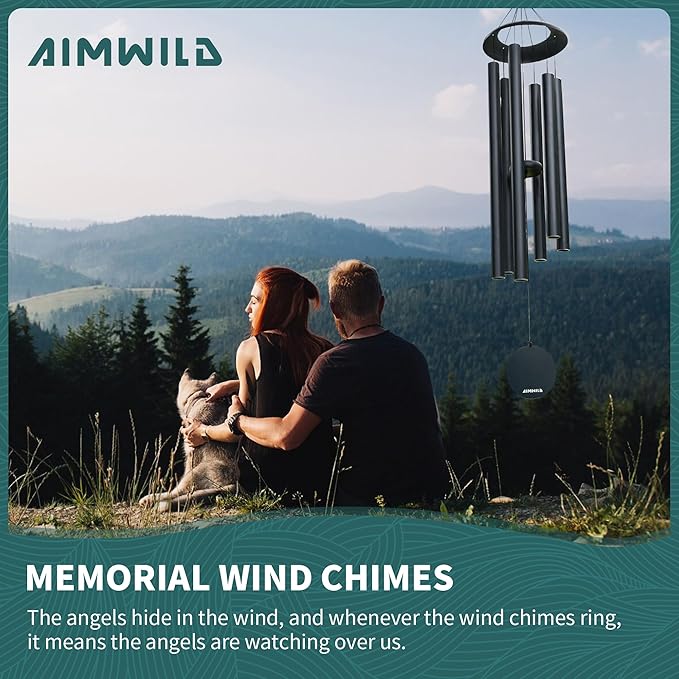 Wind Chimes for Outside Memorial – 45“ Large Outdoor Sympathy Windchime Tuned to C, Deep Tone, Gift for Mom Dad, Garden Decor with Blessing Card, Black