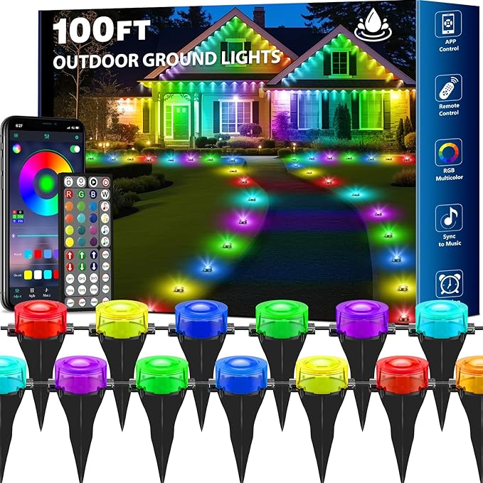 RGB Outdoor Ground Lights, 200Ft Color Changing Pathway Lights with Remote & App Control, Waterproof Walkway Lighting, Wired for Garden Yard Lawn Patio Best for Holiday Party (100FT)