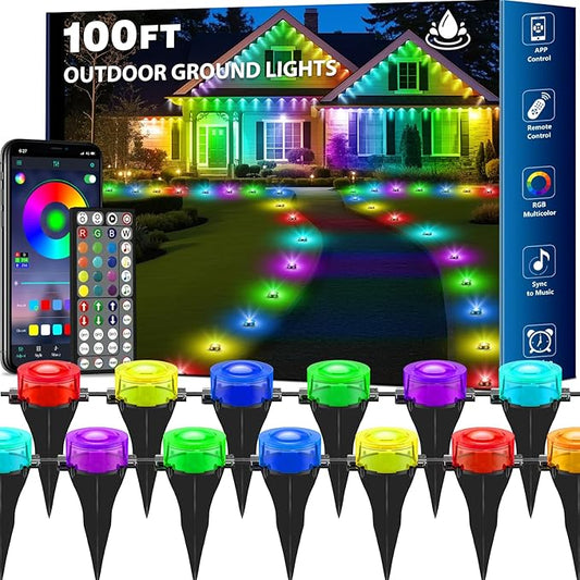RGB Outdoor Ground Lights, 200Ft Color Changing Pathway Lights with Remote & App Control, Waterproof Walkway Lighting, Wired for Garden Yard Lawn Patio Best for Holiday Party (100FT)