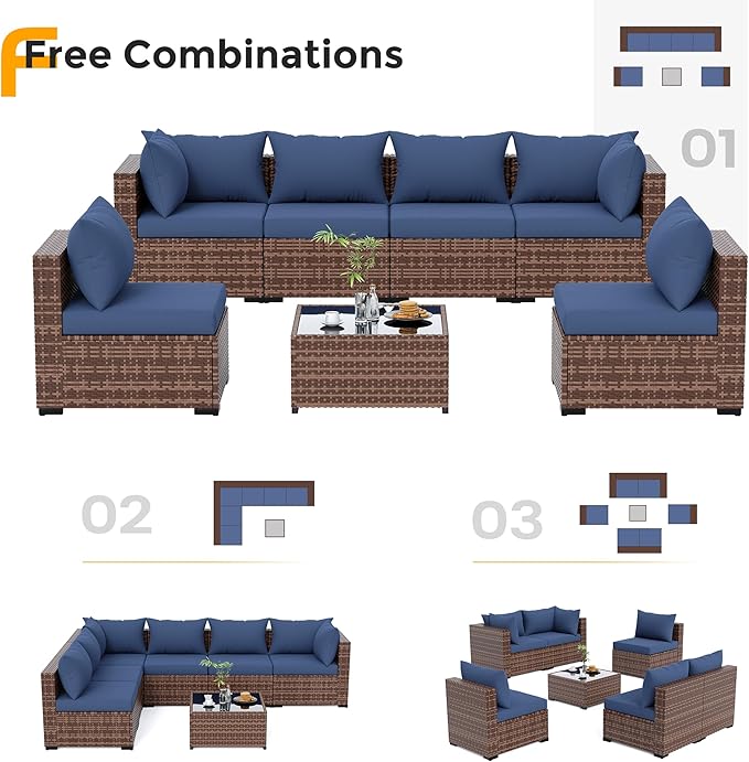 UDPATIO Patio Furniture Set, 7 Piece Outdoor Sectional Sofas with Wicker Coffee Table, Outdoor Patio Conversation Set for Garden, Backyard Navy Blue