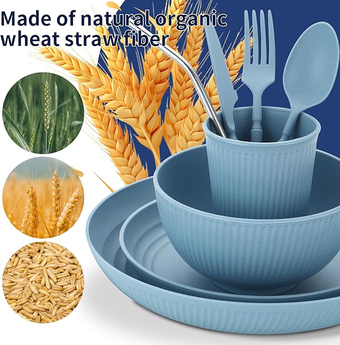 Wheat Straw Dinnerware Sets,56-Piece Plates and Bowls Sets for 8-Unbreakable,Reusable Plastic Dish Set-Dinner Plate/Cereal Bowl/Cup/Utensils-Microwavable Dishwasher Safe 56P-Blue