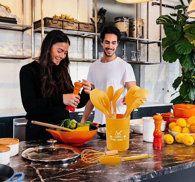 Silicone Cooking Utensils, 12 Pcs Kitchen Utensil Set 446°F Heat Resistant,Turner Tongs Spatula Spoon Brush Whisk with Wooden Handles, Blue Kitchen Gadgets Tools Set for Nonstick Cookware (BPA Free)