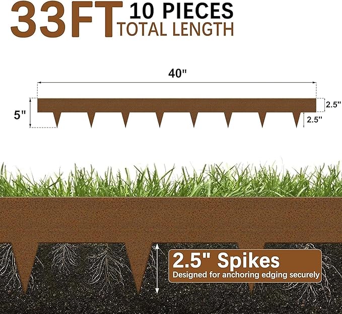 Worth Garden 10-Pack Corten Steel Landscape Lawn Edging - 5in H. (2.5" Above Ground + 2.5" Spikes) Rust Patina Bendable Metal Strips - Hammer-in Border w/ 11 Clips - Yard Pathway Divider (33Ft Total)