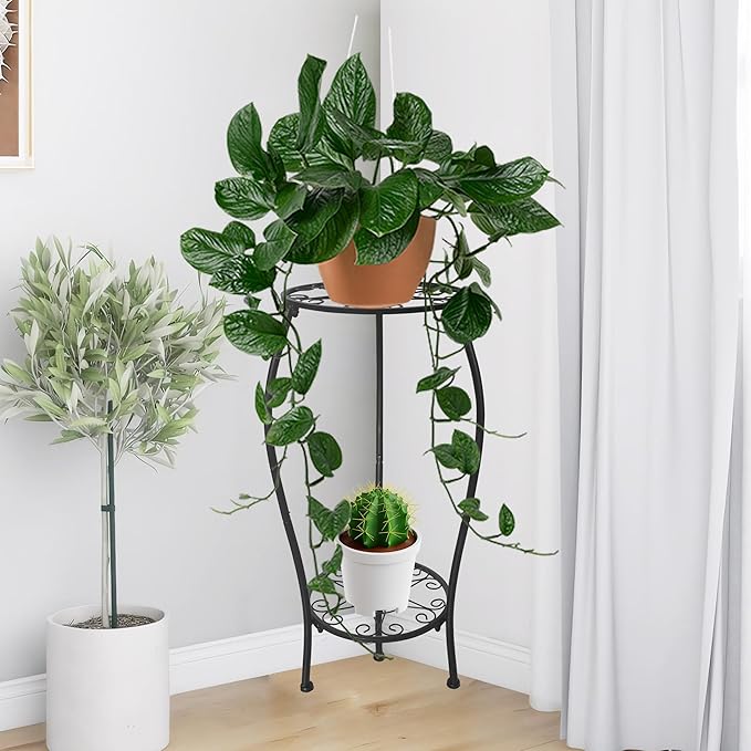 Metal Plant Stand 2 Tier Indoor Outdoor, Tall Flower Pot Shelf Rustproof Stable Corner Stand, 25.2 inch Multiple Plant Display Rack for Living Room Patio Balcony Garden, 2 Pack