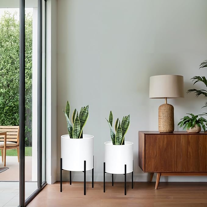 ARNIS Modern Plant Pots, Large Planters with Stand, Set of 2 Decorative Planters, Metal Pots with Drainage Holes for Living Room, Office, Garden or Balcony, 10.5 &12.25 Inch, White