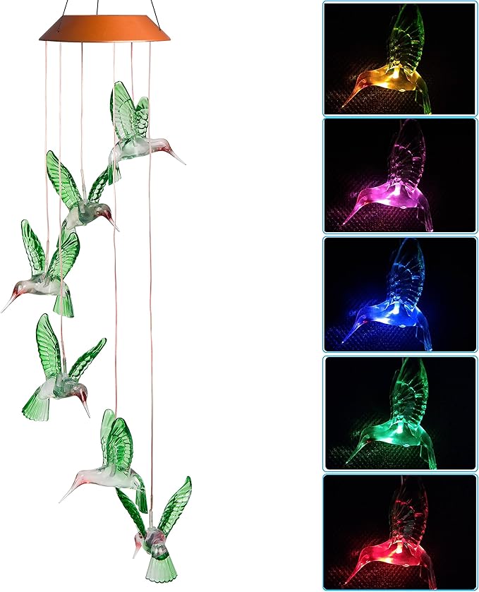 LED Solar Hummingbird Wind Chimes Outdoor - Waterproof Mobile Changing Light Color Wind Chime, Six Hummingbirds LED Wind Chimes for Home, Xmas Mom Gifts, Party, Festival Decor, Night Garden Decoration