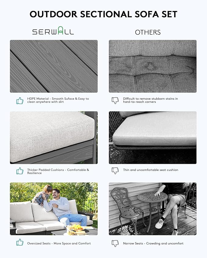 SERWALL HDPE Patio Sofa Set, 4-Piece Sectional Outdoor Furniture Set, All Weather Outdoor Couch Set Patio Furniture Set for Deck, Lawn, Grey Frame with Khaki Cushion