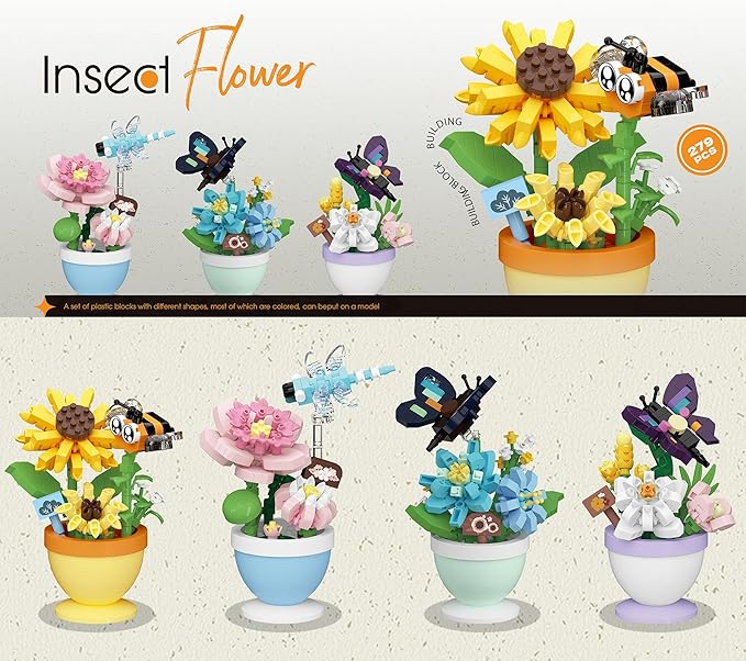 4 Set Mini Flower Cute Insects Potted Plant Bonsai Building Toy Blocks Particle Set Small Flowers Botanical