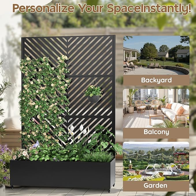 Metal Raised Garden Bed with Trellis & Wheels,70" x 47"x 15.7" Planter Box with Trellis,Privacy Planters for Patio,Garden Bed for Climbing Plants,Suitable for Climbing Plants and Vegetables,Black