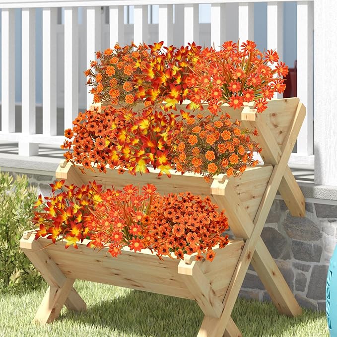 36 Bundles Outdoor Artificial Fall Flowers UV Resistant Plastic Faux Flowers Fake Fall Plants Shrubs Fall Decoration for Autumn Garden Patio Wedding Kitchen Farmhouse Decor